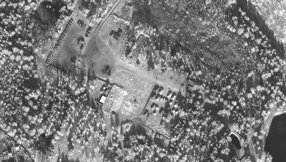 Imagen de satélite proporcionada por Maxar Technologies con tropas rusas y equipo militar en el área de entrenamiento de Brestsky, Bielorrusia.