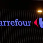 The logo of Carrefour is seen at a Carrefour Hypermarket store in Nice, France, February 21, 2022. REUTERS/Eric Gaillard
