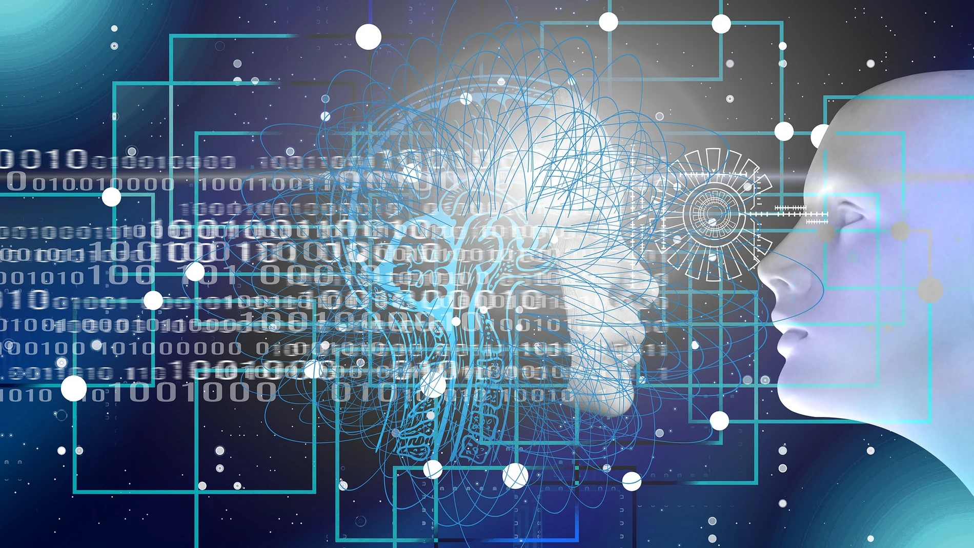 Representación de circuitos de ordenador y números sobre una cabeza biónica enfrentada a una cabeza humana