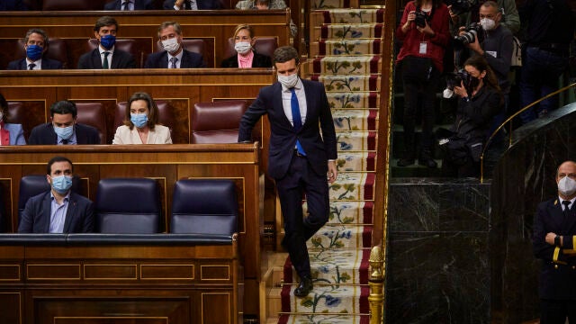 El líder del Partido Popular, Pablo Casado en su ultima comparecencia en el Congreso de los Diputados como presidente del PP y líder de la oposición