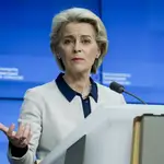 European Commission President Ursula von der Leyen speaks during a media conference after an extraordinary EU summit on Ukraine in Brussels, Friday, Feb. 25, 2022. European Union leaders put on a united front after a six-hour meeting during which they agreed on a second package of economic and financial sanctions against Russia. (Olivier Hoslet, Pool Photo via AP)