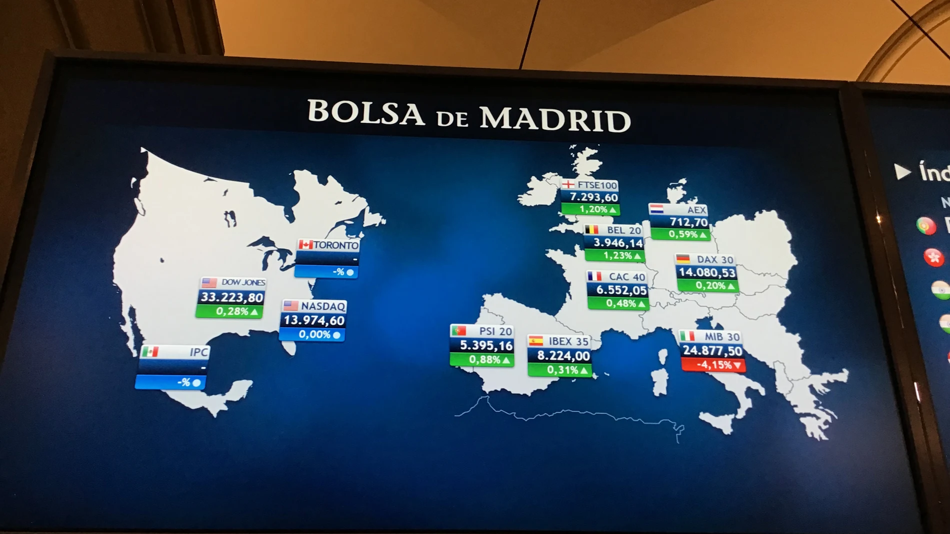 Vista de una pantalla con los índices bursátiles internacionales en el parqué madrileño de la Bolsa este viernes