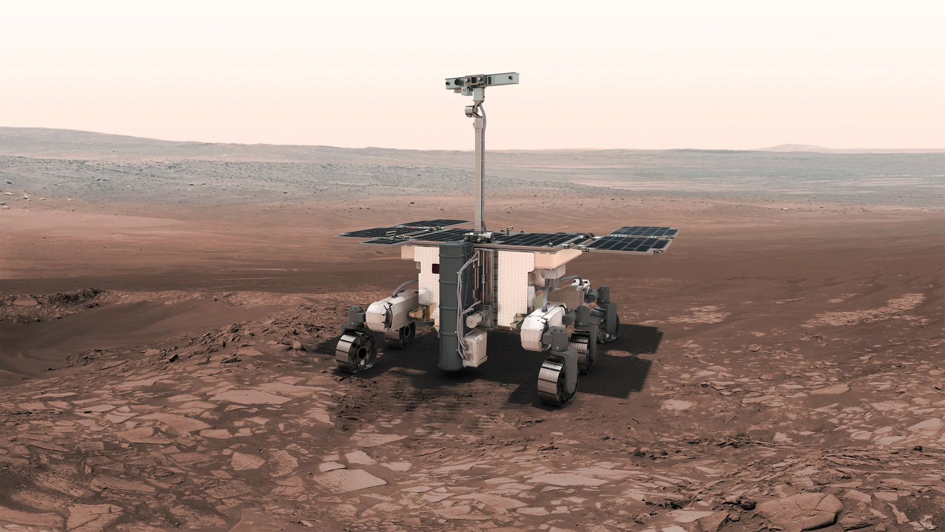 This illustration made available by the European Space Agency shows the European-Russian ExoMars rover. On Monday, Feb. 28, 2022, the ESA said the planned launch of a joint mission with Russia to Mars this year is now â€œvery unlikelyâ€ due to sanctions linked to the war in Ukraine. (European Space Agency via AP)