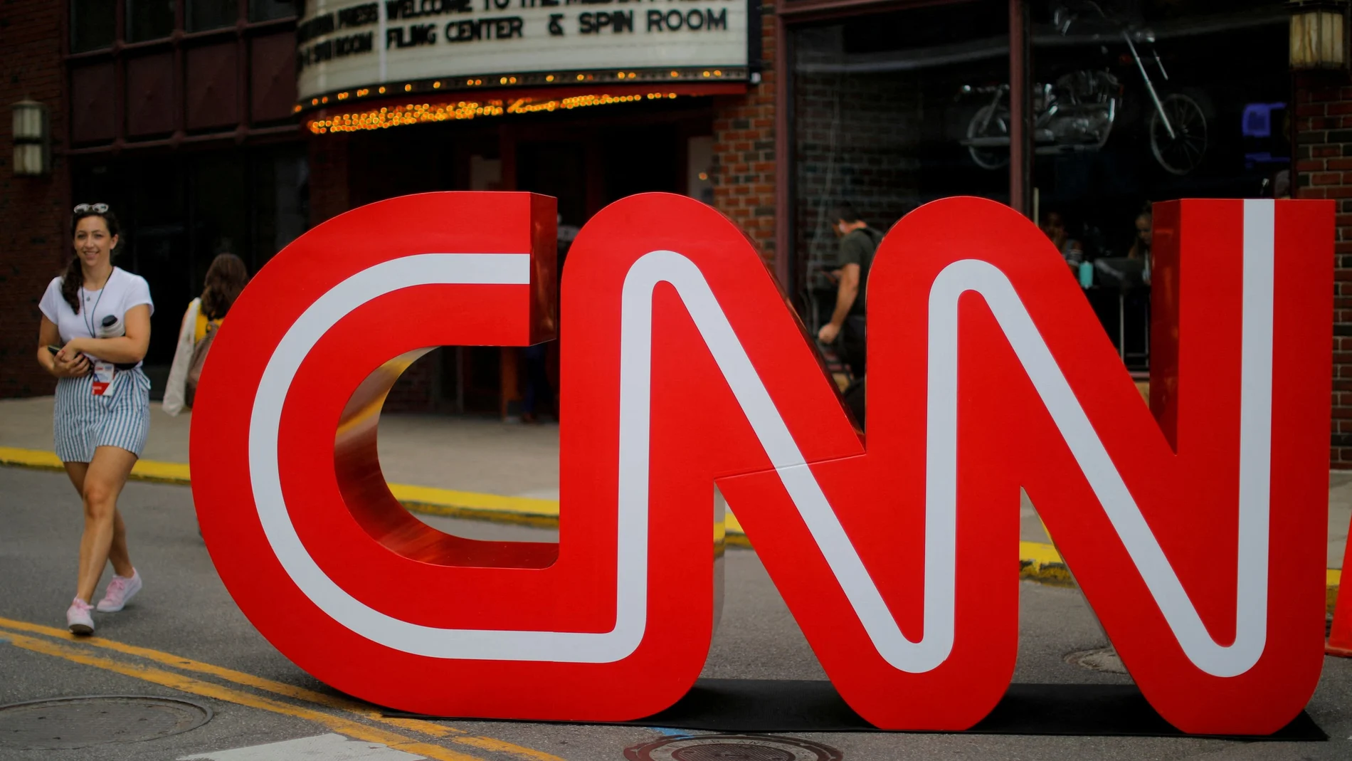 FILE PHOTO: The CNN logo stands outside the venue of the second Democratic 2020 U.S. presidential candidates debate, in the Fox Theater in Detroit