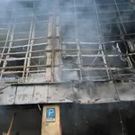 KIEV (UCRANIA), 02/03/2022.- Vista del estado del edificio tras el bombardeo ruso a la torre de televisión de Kiev (Ucrania). EFE/ Ignacio Ortega