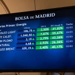 Pantallas muestran información bursátil tras el cierre de la sesión en el parqué madrileño