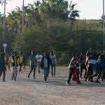 Decenas de migrantes celebran tras haber saltado la valla fronteriza y conseguir llegar a la ciudad española de Melilla con Marruecos, este jueves, un día después de que otras 491 personas lograran entrar por el mismo método a esta ciudad del norte de África. EFE/ Paqui Sánchez