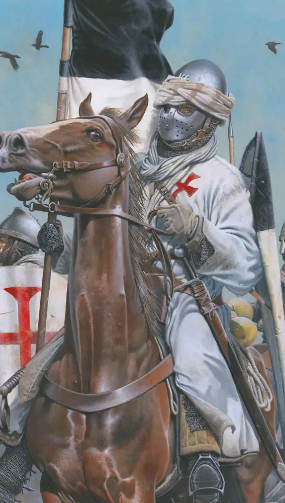 Completamente armado, el mariscal templario de Jerusalén enarbola el Gonfanon Baucent, el estandarte de batalla la Orden del Temple.