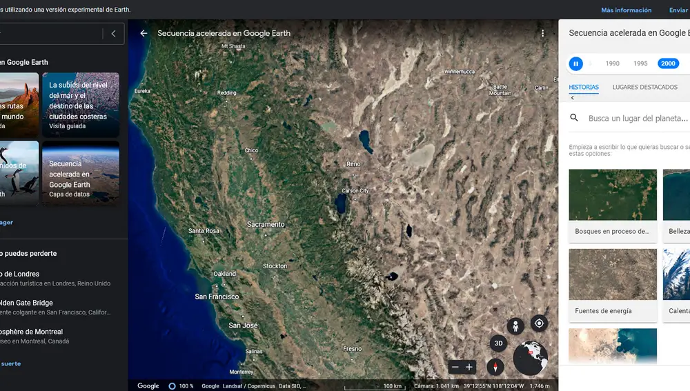 Las opciones de Historia mientras se visita California en Google Earth.