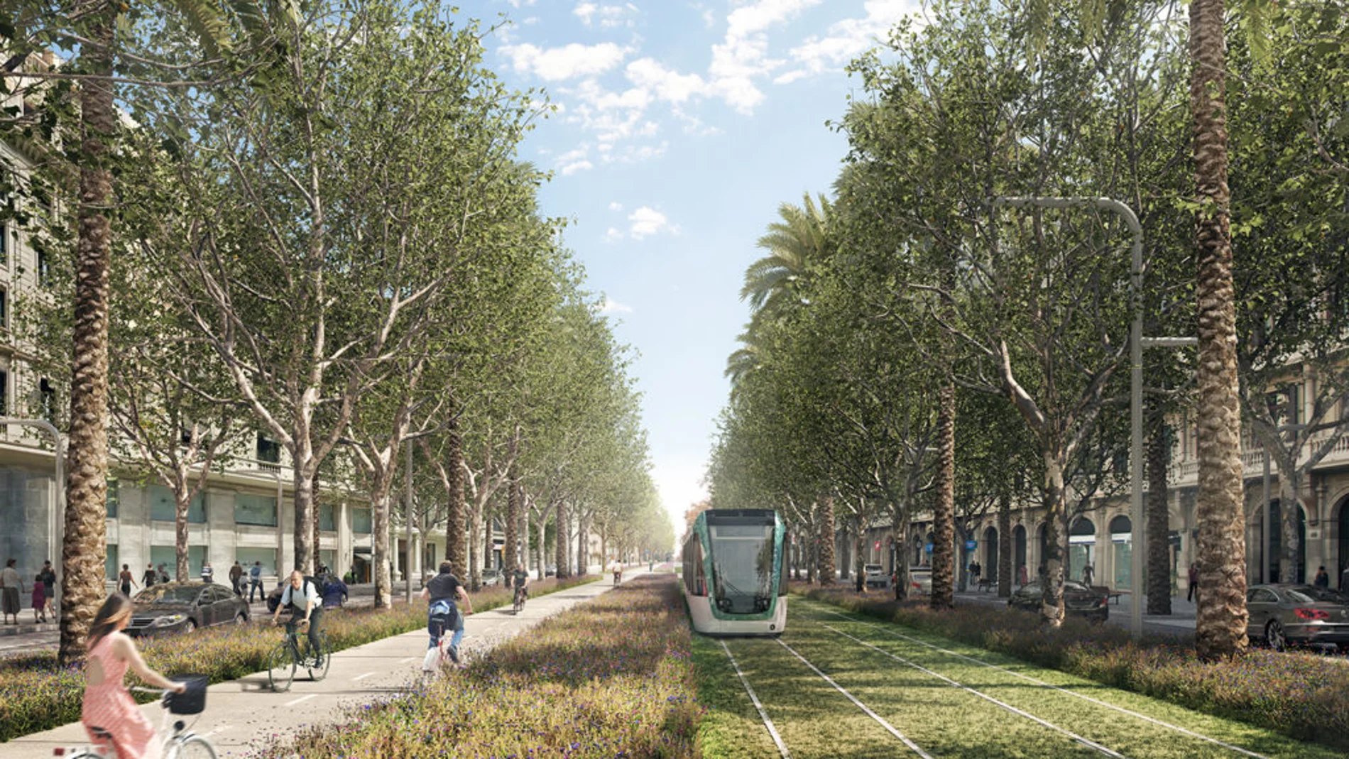 Imagen virtual de la futura interconexión del tranvía por la Diagonal de Barcelona