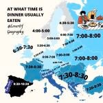Mapa con los horarios de la cena de los países de Europa