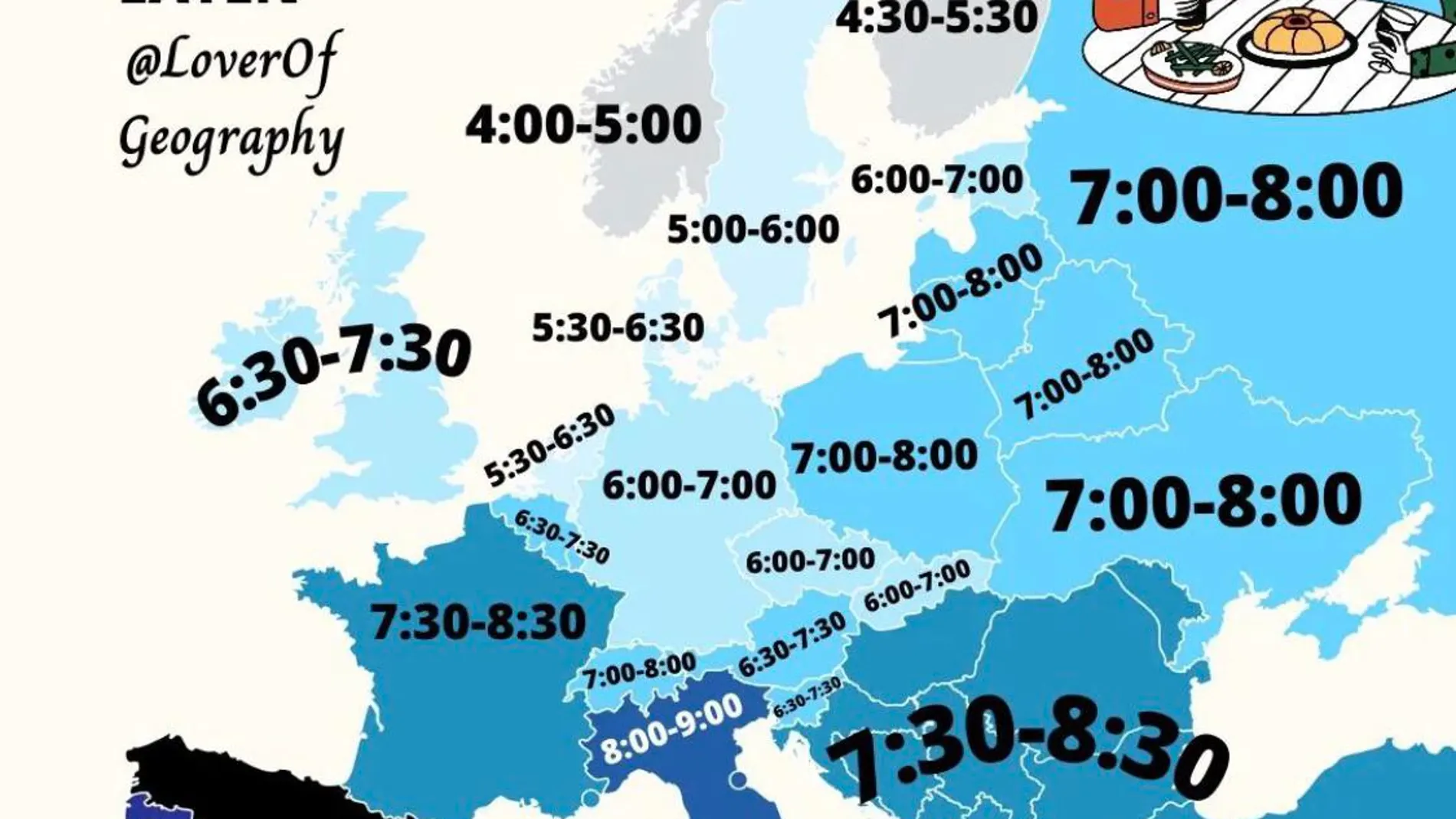 Mapa con los horarios de la cena de los países de Europa