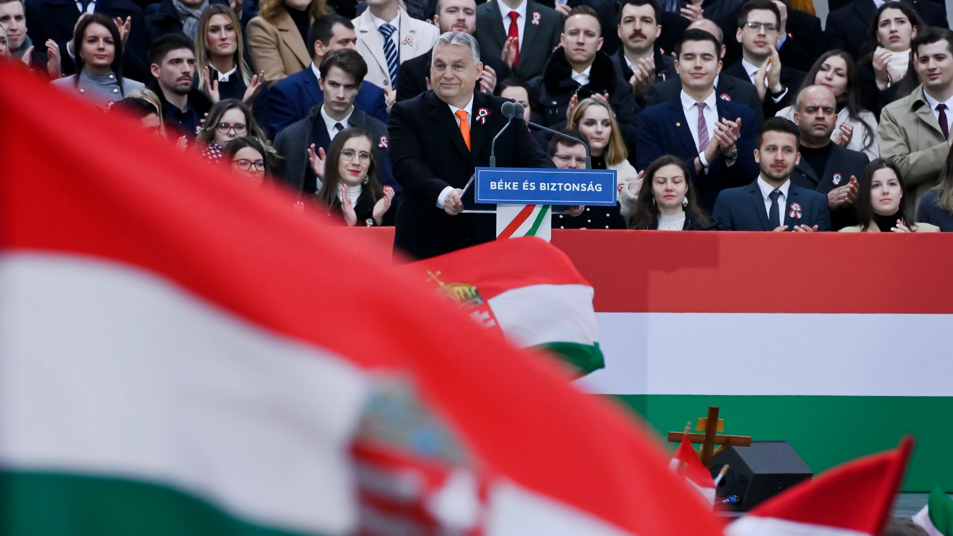 El primer ministro húngaro, Viktor Oban, durante un mitin electoral en Budapest