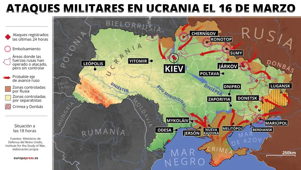 Mapa con ataques militares en Ucrania el 16 de marzo de 2022 (estado a las 18 horas). Varios barcos rusos han bombardeado la noche del martes al miércoles la costa ucraniana en el pueblo de Tuzly en la región de Odesa, considerada la joya del mar Negro. 16 MARZO 2022 Europa Press 16/03/2022