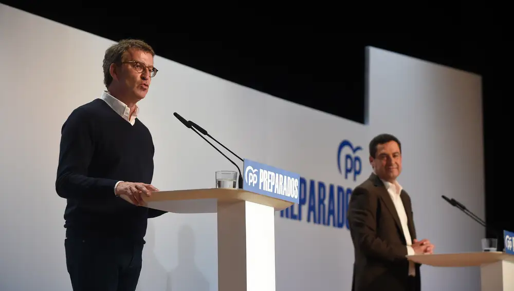 El presidente del PP-A, Juanma Moreno, y el candidato a la Presidencia del Partido Popular, Alberto Núñez Feijoo. Álex Zea / Europa Press