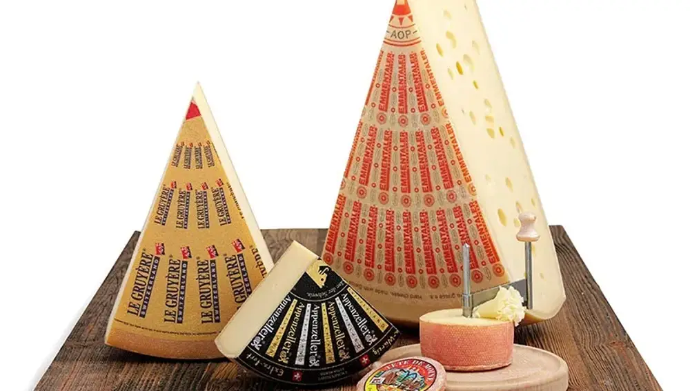 Le Gruyére AOP, Emmentaler AOP, Appenzeller e Tête de Moine AOP são as variedades de queijo suíço mais conhecidas na Espanha