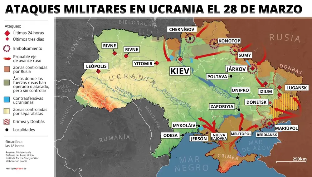 Mapa con ataques militares en Ucrania el 28 de marzo de 2022 (estado a las 11 horas). Las alarmas antiaéreas han vuelto a sonar en la noche del domingo al lunes en varias ciudades de Ucrania y se han registrado explosiones debido a ataques aéreos en las localidades de Lutsk, Rivne, Járkov, Yitomir y en la capital del país, Kiev. Europa Press