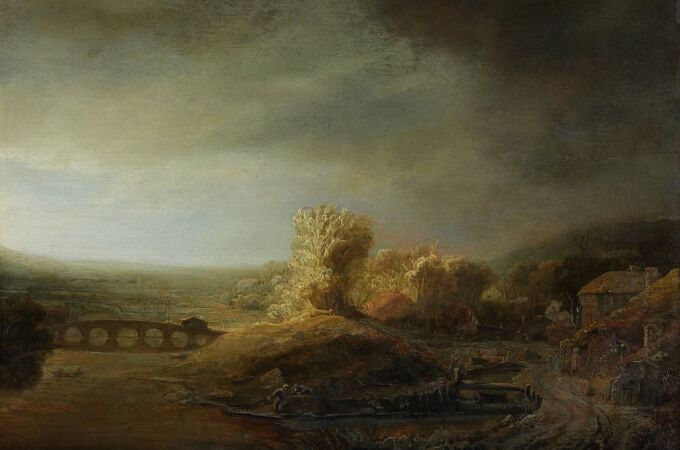 Paisaje con puente arqueado por Rembrandt