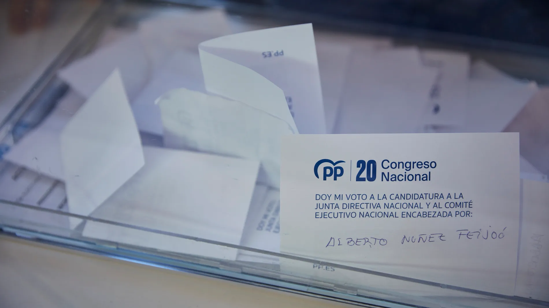 La candidatura de Alberto Nuñez Feijóo obtuvo 2.619 votos, el 98,35%, en el XX Congreso Nacional Extraordinario del PP Segunda Jornada del 20 Congreso Nacional Extraordinario del Partido Popular en Sevilla