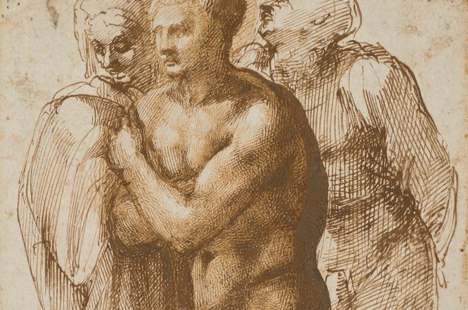 GRAF4153. PARÍS (FRANCIA), 05/04/2022.- Christie's subastará en París el próximo 18 de mayo un dibujo inédito de Miguel Ángel, "A nude young man (after Masaccio) surrounded by two figures", que era uno de los pocos del artista que todavía estaban en manos privadas y ha sido valorado en 30 millones de euros (unos 33 millones de dólares). La casa de subastas estimó que es un trabajo de su juventud, a finales del siglo XV, y probablemente es el estudio de un desnudo más antiguo que se conserva del pintor y escultor. EFE/ Christie's SOLO USO EDITORIAL/ SOLO USO DISPONIBLE PARA ILUSTRAR LA NOTICIA QUE ACOMPAÑA/ (CRÉDITO OBLIGATORIO)