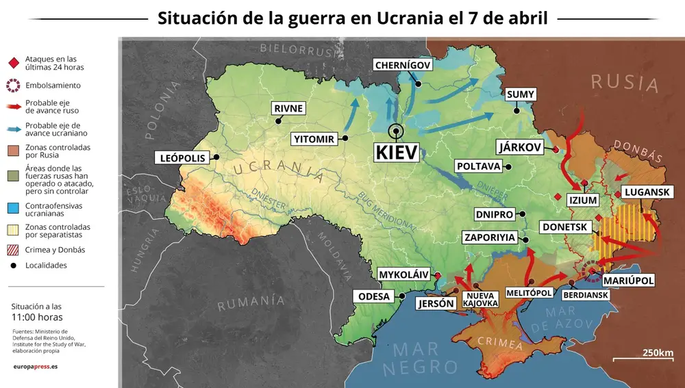Mapa con la situación de la guerra en Ucrania el 7 de abril de 2022 (Estado a las 11:00 horas). El portavoz de la Secretaría General de Naciones Unidas, Stéphane Dujarric, ha denunciado este miércoles que el aumento de los enfrentamientos en Ucrania están impidiendo que la ayuda humanitaria llegue a los más necesitados. 07 ABRIL 2022 Europa Press 07/04/2022
