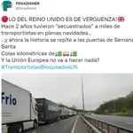 Tuit de Fenadismer denunciando que miles de camioneros permanecen atrapados a la salida de Reino Unido