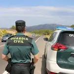 Un agente de la Guardia Civil junto a un vehículo patrulla.