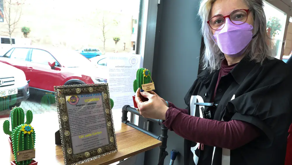 La empresa de juguetes pedagógicos artesanos Xelakids, pone a la venta cactus de madera para recuadrar fondos para los ucranianos asentadas en Paredes de Nava y diversas ONG, en la imagen la tienda A_Cero en la capital donde se pueden adquirir estos cactus