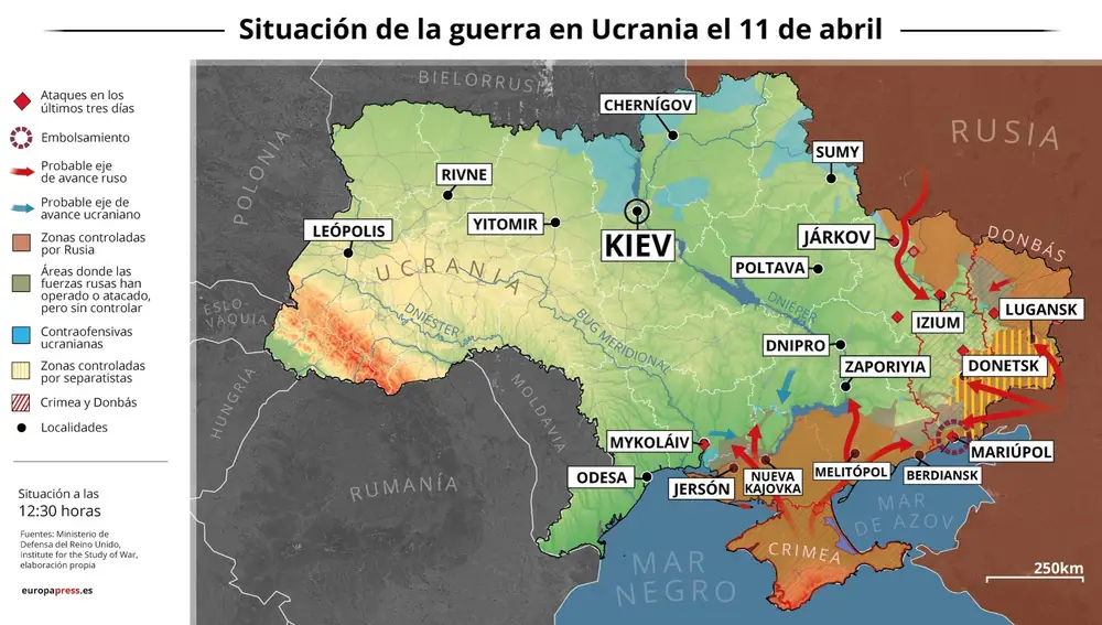 Mapa con la situación de la guerra en Ucrania el 11 de abril de 2022 (Estado a las 12:30 horas). El Alto Representante de la UE para Política Exterior, Josep Borrell, ha avisado este lunes de la concentración de tropas rusas en el este de Ucrania, advirtiendo de una inminente ofensiva rusa contra la región de Donbás. 11 ABRIL 2022 Europa Press 11/04/2022