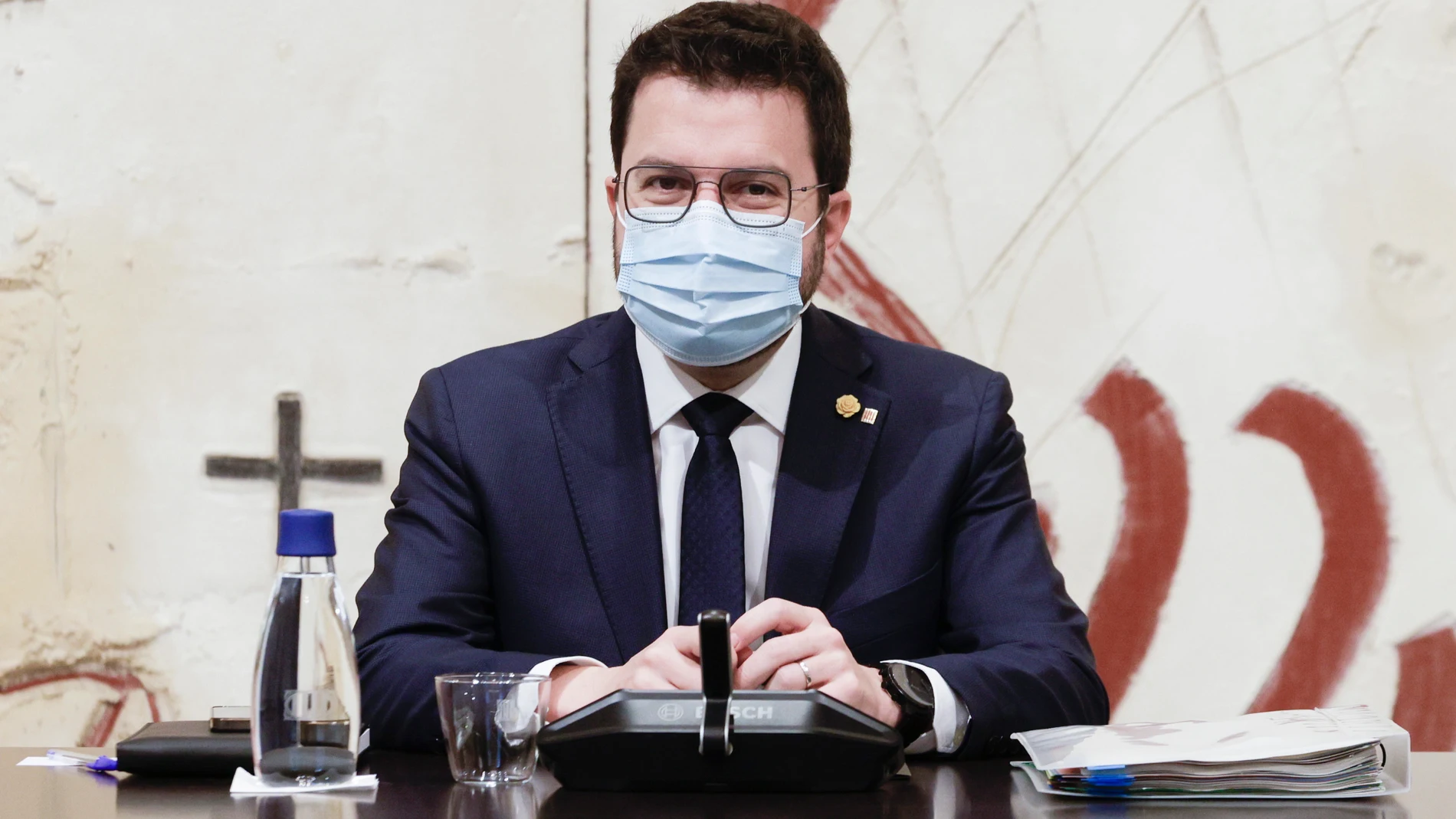 El presidente de la Generalitat, Pere Aragonés, durante la reunión semanal del Govern.