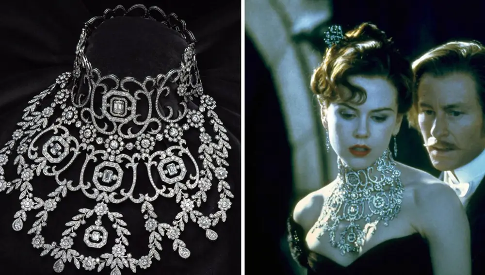 Detalle del collar &quot;Satine&quot; en la película &quot;Moulin Rouge&quot;, realizado en oro blanco con diamantes y zafiro.