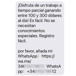 Captura del SMS con la oferta de trabajo "sospechosa".