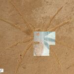 La araña en cuestión con unos campos de observación al microscopio fluorescente superpuestos con el centro de la imagen.