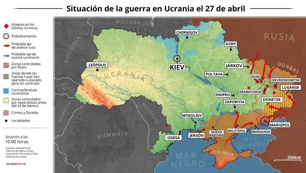 Mapa con la situación de la guerra en Ucrania el 27 de abril de 2022 (Estado a las 10:00 horas). Las autoridades ucranianas han denunciado a primera hora de este miércoles la situación que viven miles de civiles en la planta de Azovstal en la ciudad de Mariúpol y nuevas operaciones ofensivas en la región de Járkov. 27 ABRIL 2022 Europa Press 27/04/2022