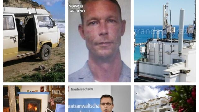Collage con las imágenes de Brueckner, su furgoneta, el poste de telefonía, la chimenea de su casa de campo, el fiscal Wolters y los apartamentos del Oceans Club