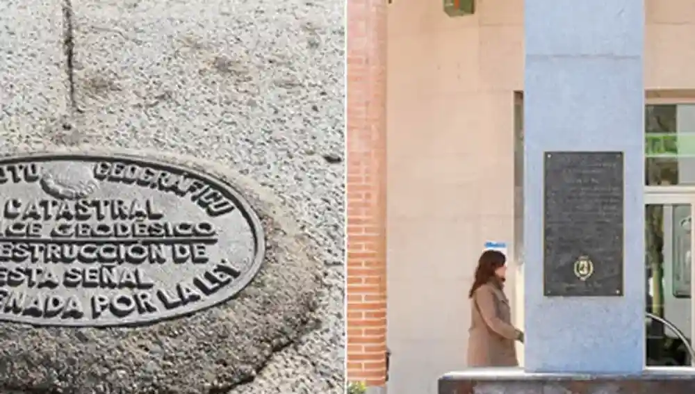 Placa en Getafe y monolito en Pinto. Ambos, según rezan sus inscripciones, señalan el centro geográfico de la península