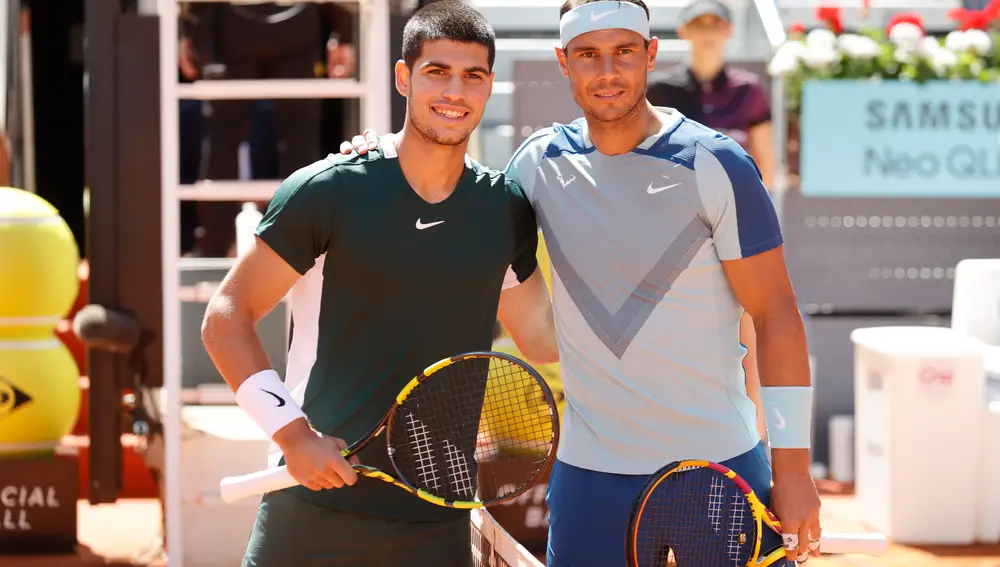 Carlos Alcaraz y Rafa Nadal, en el pasado Mutua Madrid Open.