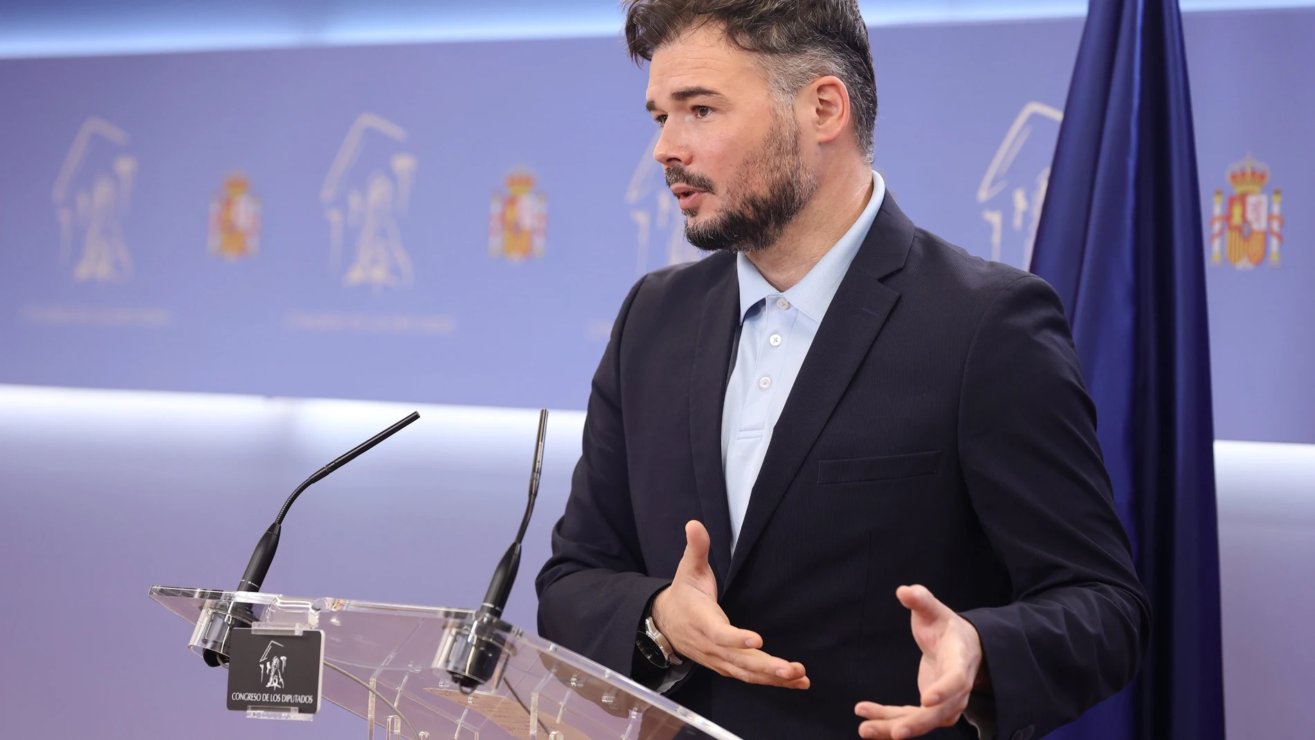 El portavoz de Esquerra Republicana (ERC) en el Congreso, Gabriel Rufián, interviene en una rueda de prensa previa a una Junta de Portavoces en el Congreso de los Diputados, a 10 de mayo de 2022, en Madrid (España). 10 MAYO 2022;JUNTA;PORTAVOCES;CONGRESO;DIPUTADOS Eduardo Parra / Europa Press 10/05/2022