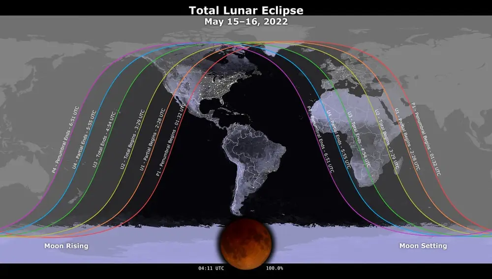 Franja donde será visible el eclipse total de Luna del 15-16 de mayo de 2022 | Fuente: NASA / Europa Press
