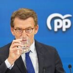 El presidente del Partido Popular, Alberto Núñez Feijóo, lcomparece ante los medios de comunicación en la sede regional del PP. Álvaro Ballesteros / Europa Press