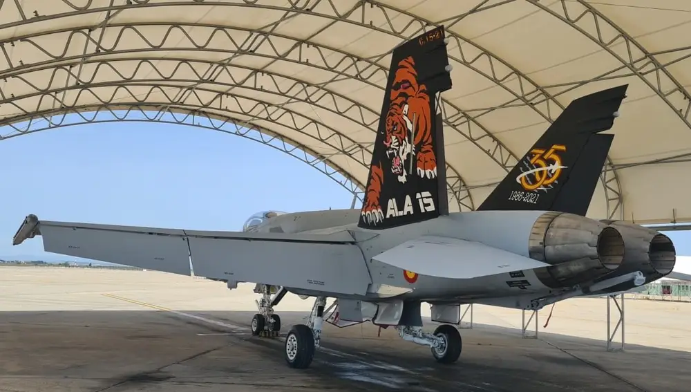 Uno de los F-18 del Ala 15 decorados para el &quot;Tiger Meet&quot; de este año