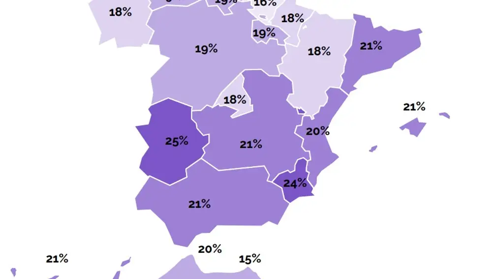 Mapa del índice de fumadores diarios por comunidad de la Asociación Española Contra el Cáncer en el informe: &quot;Impacto del cáncer en España&quot;