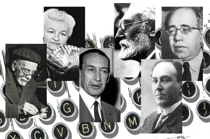 De izda. a dcha., Pío Baroja, Emilia Pardo Bazán, César González-Ruano, Miguel de Unamuno, Antonio Machado y Manuel Azaña