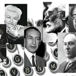 De izda. a dcha., Pío Baroja, Emilia Pardo Bazán, César González-Ruano, Miguel de Unamuno, Antonio Machado y Manuel Azaña
