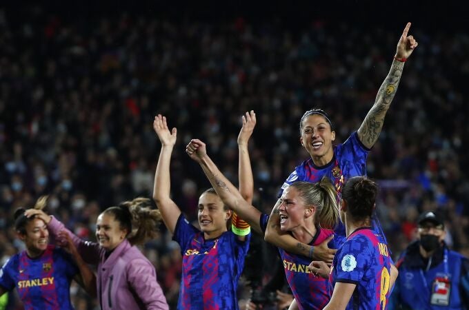 Barcelona players celebrate their win against Real Madrid during the Women's Champions League quarter final, second leg soccer match between Barcelona and Real Madrid at Camp Nou stadium in Barcelona, Spain, on March 30, 2022. Ada Hegerbergâ€™s comeback season has her and her Lyon teammates back in yet another Womenâ€™s Champions League final. The seven-time champions will face defending titlist Barcelona in Turin on Saturday in a repeat of the 2019 final.