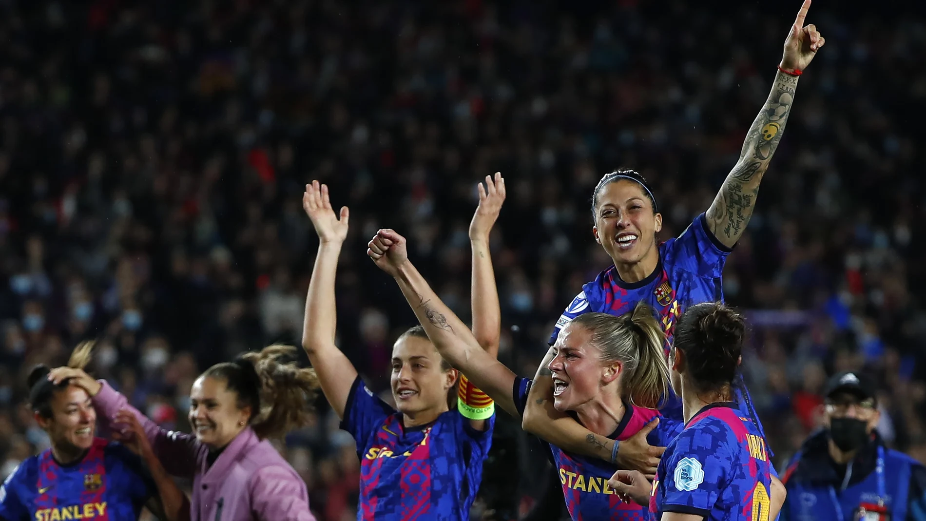 Barcelona players celebrate their win against Real Madrid during the Women's Champions League quarter final, second leg soccer match between Barcelona and Real Madrid at Camp Nou stadium in Barcelona, Spain, on March 30, 2022. Ada Hegerbergâ€™s comeback season has her and her Lyon teammates back in yet another Womenâ€™s Champions League final. The seven-time champions will face defending titlist Barcelona in Turin on Saturday in a repeat of the 2019 final.