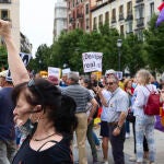 Varias personas se manifiestan con banderas de la República de España, durante una concentración contra la vuelta del Rey emérito a España, en la Plaza de Ópera en Madrid