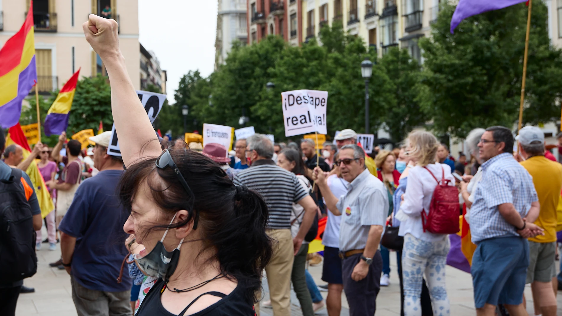 Varias personas se manifiestan con banderas de la República de España, durante una concentración contra la vuelta del Rey emérito a España, en la Plaza de Ópera en Madrid
