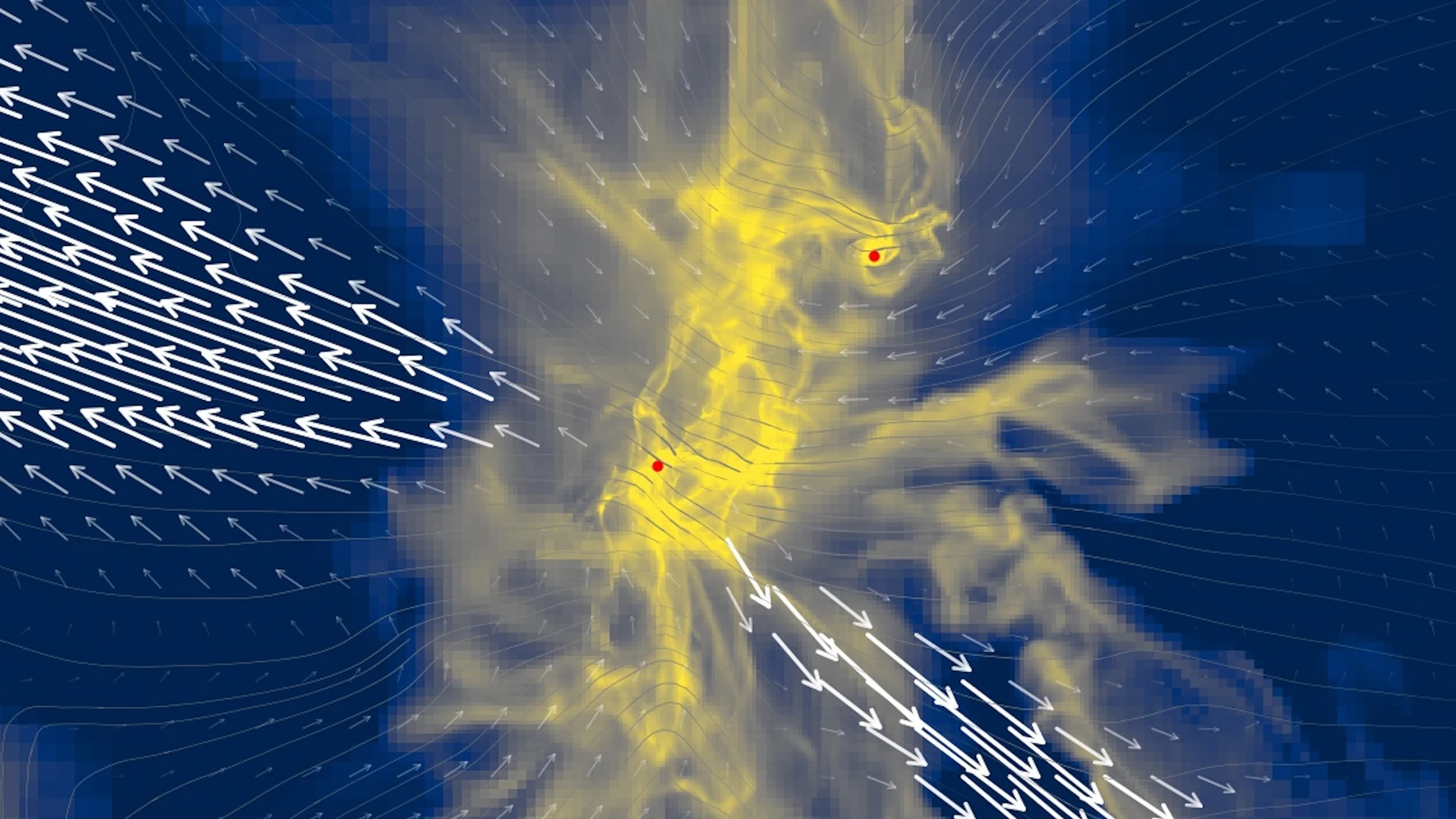 Simulación de una estrella binaria (puntos rojos) y el movimiento del gas y polvo que las rodea (Jørgensen, Kuruwita et al)