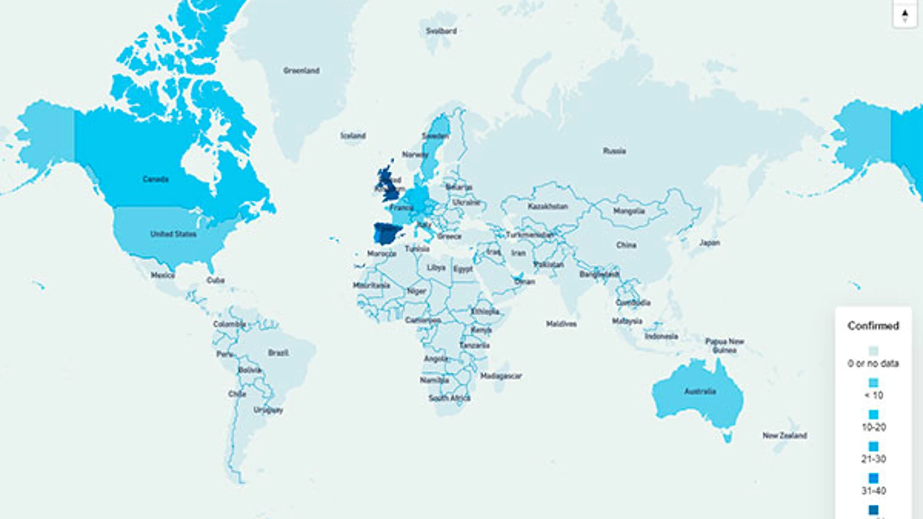 Reino Unido y España destacan claramente en el mapa con los casos de viruela del mono en el mundo.